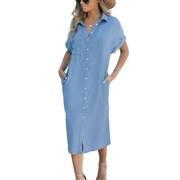 NWT Cupshe Dress Ashtyn Chambray Denim Blue Button Down Pockets Medium New - Picture 2 of 9